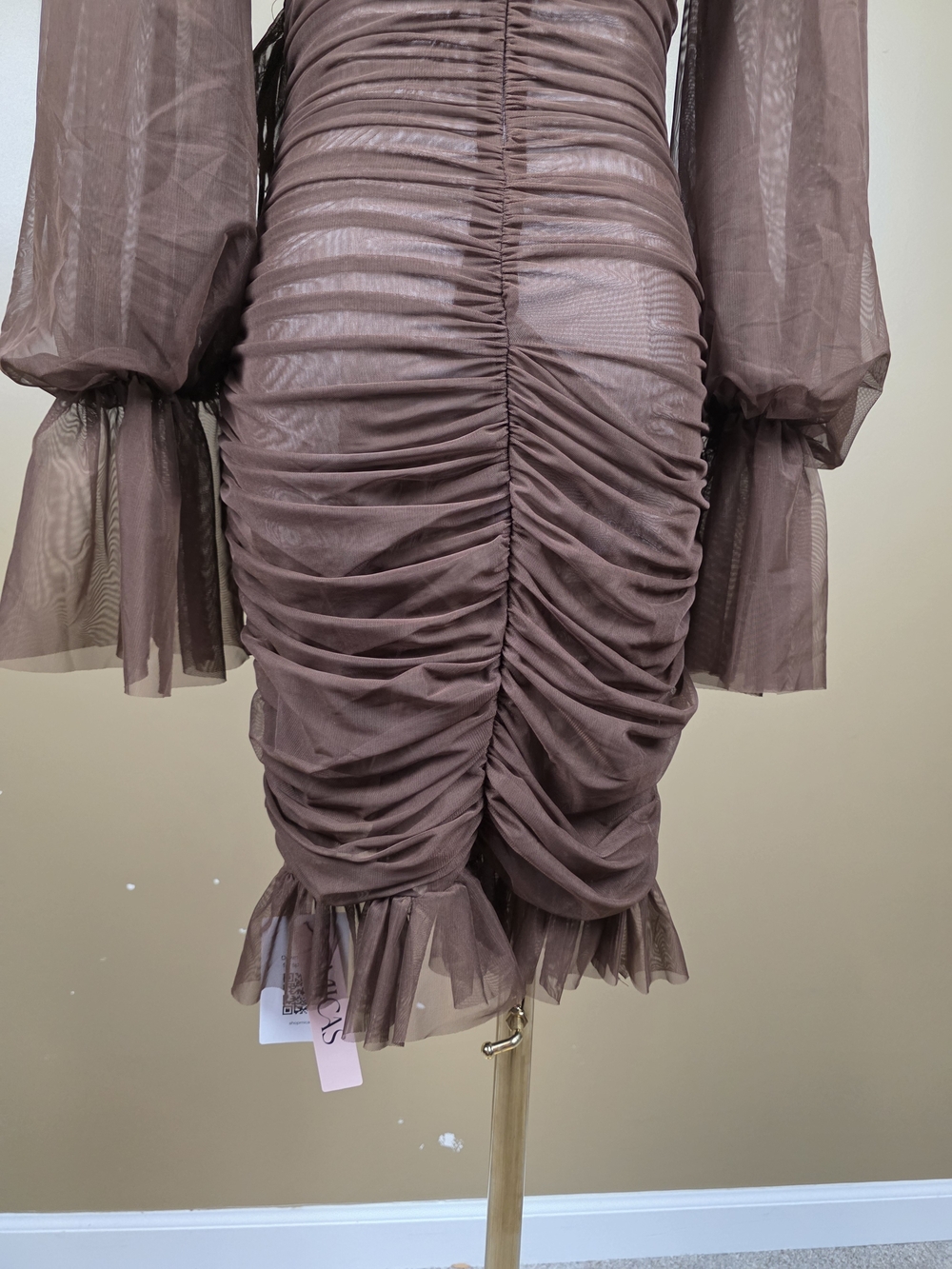 Brown Ruching & Ruffle High-Neck Mini Dress - Picture 6 of 6